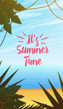 Deniz yaz kartları. Sahilde deniz tatil. Tropikal bitki ve kuş, kamera ve çapa, milkshake, şezlong, Tukan ve papağan. Poster veya arka plan. Retro seyahat. Denizde Vintage tatil.