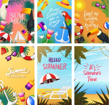 Deniz yaz kartları. Sahilde deniz tatil. Tropikal bitki ve kuş, kamera ve çapa, milkshake, şezlong, Tukan ve papağan. Poster veya arka plan. Retro seyahat. Denizde Vintage tatil.