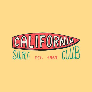 Sörf rozet ve dalga, palmiye ağacı ve okyanus. retro Vintage arka plan. Tropik ve california, sörf, yaz plaj ve deniz üzerinde. oyulmuş amblemi elle çizilmiş. Başlık sayfası veya poster. Spor Hawaii.