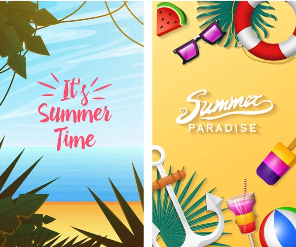 Deniz yaz kartları. Sahilde deniz tatil. Tropikal bitki ve kuş, kamera ve çapa, milkshake, şezlong, Tukan ve papağan. Poster veya arka plan. Retro seyahat. Denizde Vintage tatil.