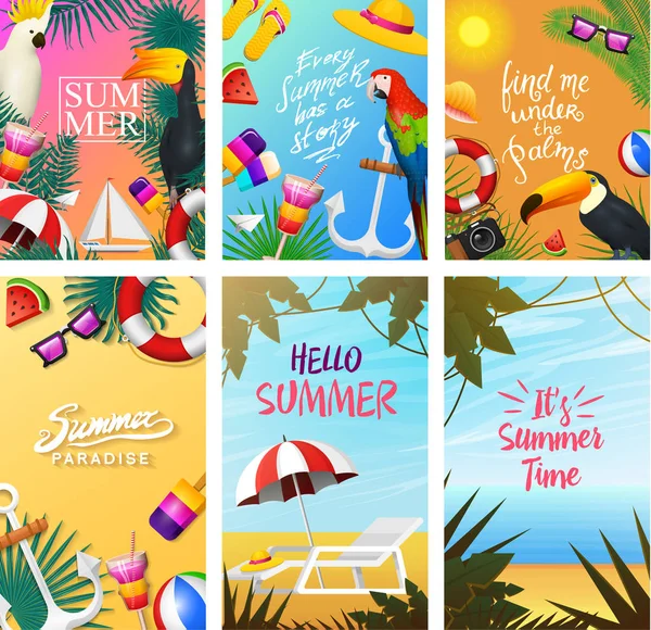 Deniz yaz kartları. Sahilde deniz tatil. Tropikal bitki ve kuş, kamera ve çapa, milkshake, şezlong, Tukan ve papağan. Poster veya arka plan. Retro seyahat. Denizde Vintage tatil.