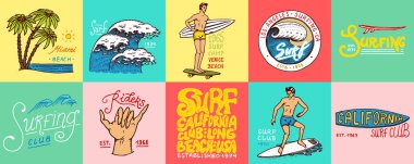 Sörf rozet ve dalga, palmiye ağacı ve okyanus. Tropik ve california. plaj ve deniz adam sörf, yaz. oyulmuş amblemi elle çizilmiş. Başlık sayfası veya poster. Spor Hawaii.