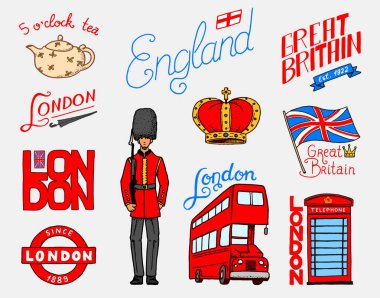 İngiliz, taç ve Kraliçe, demlik çay, otobüs ve Kraliyet Muhafızı, Londra ve baylar. semboller, rozetleri veya pul, amblemler veya mimari tarihi yerler, Amerika Birleşik Devletleri. Ülke İngiltere etiket.