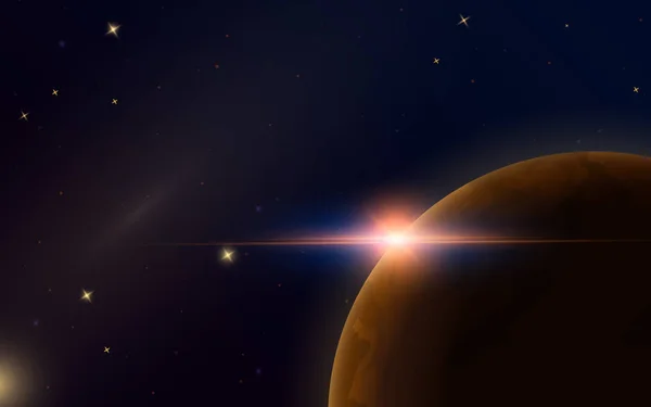 Uzayda güneş doğuyor. Kızıl gezegen Mars. Astronomik gökada arka plan. Gece gökyüzünde ışık. Banner için güneş sistemi. Kartları için evrenin modern tasarım. — Stok Vektör