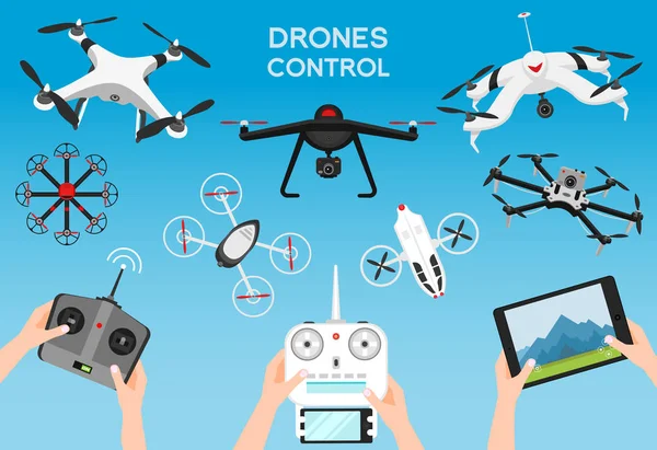 Conjunto de modernos drones de ar e controle remoto. Ciência e tecnologias modernas. Ilustração vetorial. Robô de rádio ou avião com uma câmera no ar. Sistemas e desenvolvimentos inovadores . —  Vetores de Stock