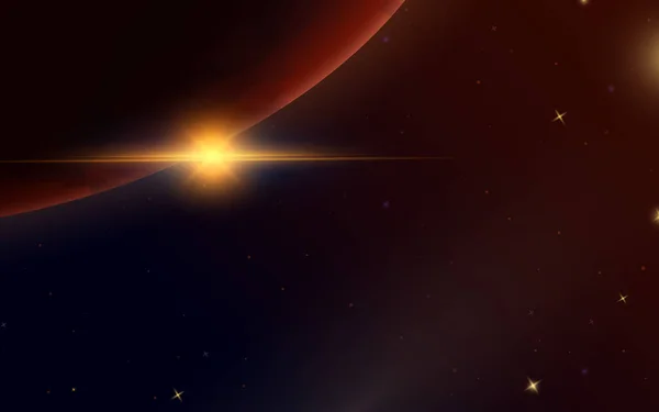 日出在太空。红色行星火星。天文星系背景。夜空中的光。太阳能系统的旗帜。卡片世界的现代设计. — 图库矢量图片