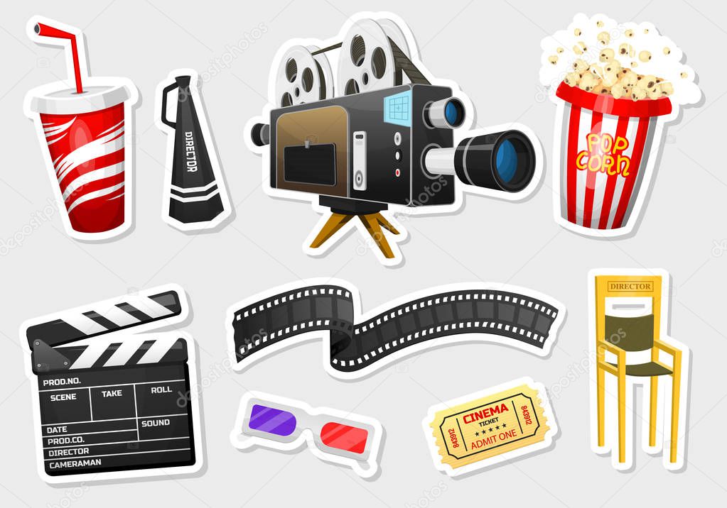 Movie stickers. Vintage cinema, entertainment and recreation with popcorn. Retro poster background. Clapperboard and camera, Filmmaking and video cassette, chair, film stock for Hollywood studio