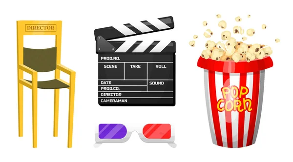 Movie elements. Vintage cinema, entertainment and recreation with popcorn. Retro Clapperboard. Filmmaking and video cassette, chair, film stock for Hollywood studio. — Stock Vector