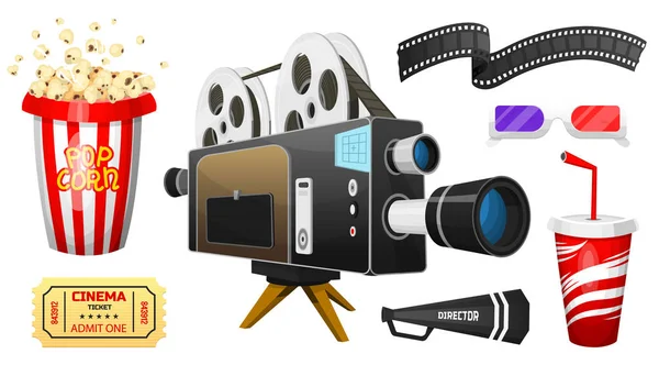 Movie elements set. Vintage cinema, entertainment and recreation with popcorn. Retro poster background. Clapperboard and camera, Filmmaking and video cassette, chair, film stock for Hollywood studio. — Stock Vector