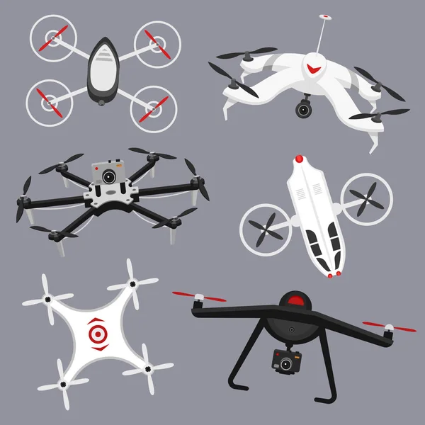 Ensemble de drones d'air modernes et télécommande. Science et technologies modernes. Illustration vectorielle. Robot radio ou avion avec une caméra en l'air. Systèmes et développements innovants . — Image vectorielle