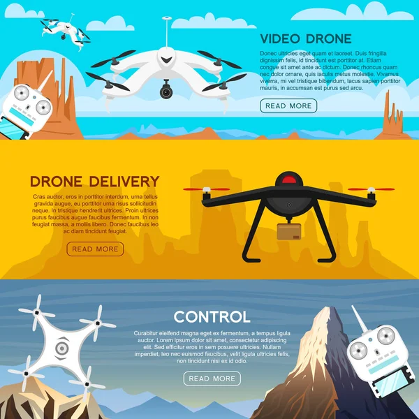 Drones d'air modernes pour carte et télécommande. Vidéo et photo et livraison. Sciences et technologies. Robot radio avec caméra en l'air. Systèmes innovants. Contexte ou affiche . — Image vectorielle