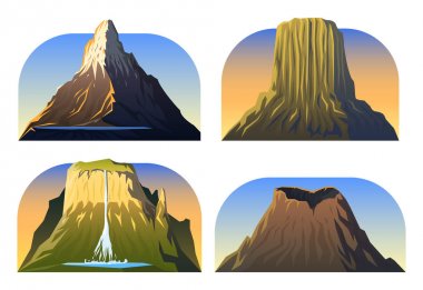 Dağlar tepeler, başlarında bir gün ışığı, büyük peyzaj ayarlayın. volkan, matterhorn, roraima, vesuvius, devils tower. seyahat veya kamp, tırmanma. Açık tepe üstleri.