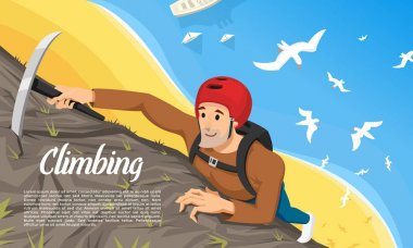 Buz baltası ile koruyucu kask içinde genç dağcı. Bir dağ tırmanışı. Poster için aktivite spor kavram. Turist hiking arka plan. Aşırı riskli macera. Üstten Görünüm.