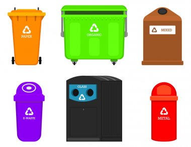 Geri dönüşüm çöp öğeleri. Çanta veya konteyner veya farklı trashes için kutu. Sıralama ve atık gıda yararlanın. Ekoloji sembolü. Segregasyon ayırma ve sanayi yönetimi kavramı. elden çıkarma çöp kutusu