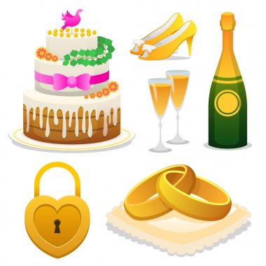 Düğün töreni kümesi için öğeleri. Yeni evliler simgeler. Evli çift, Ayakkabı ve şampanya, çelenk ve gelin ve damat için pasta Vintage rustik çalar. Vektör çizim.