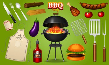 Barbekü Izgara elemanları izole üzerinde kırmızı zemin ayarlayın. Barbekü partisi. Yaz saati. Evde et Restoran. Araçlar, sos ve gıdalar kömür su ısıtıcısı. Mutfak ekipmanları için yemek listesi. Açık havada yemek.