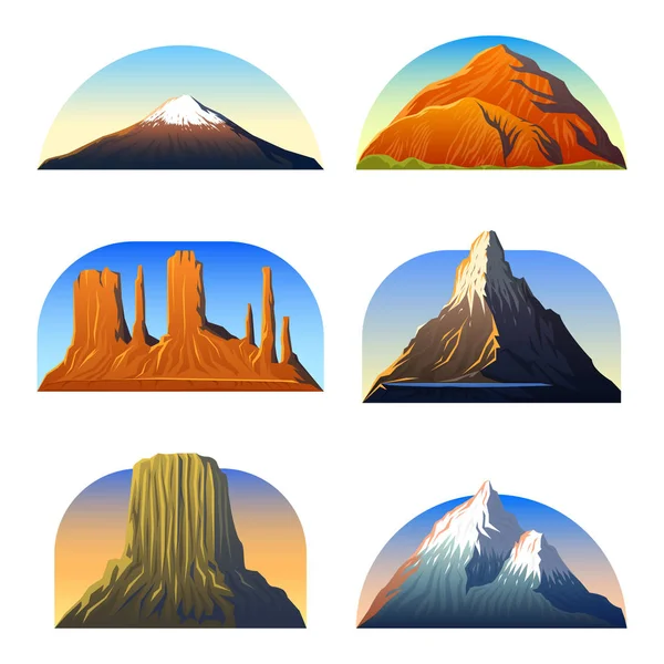 Picos de las Montañas, paisaje temprano a la luz del día, gran conjunto. monumento valle, matterhorn, roraima, fuji o vesuvius, torre del diablo, everest o arco iris. viajes o camping, escalada. Tapas al aire libre — Archivo Imágenes Vectoriales