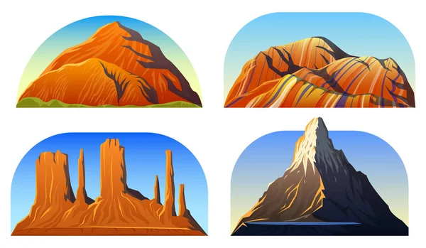 Mountains Peaks, landscape early in a daylight, big set. monument valley, matterhorn, roraima and rainbow. travel or camping, climbing. Outdoor hill tops. — Stock Vector