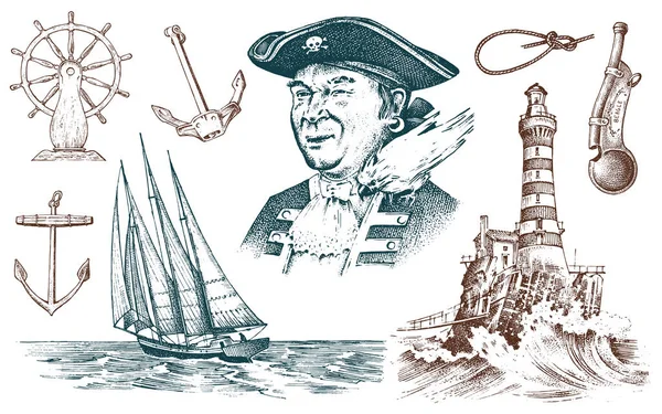 海賊と灯台と海のキャプテン、海洋の船乗りは、航海の船で旅行します。刻まれた手描きのビンテージ スタイルです。夏の冒険。遠洋航海容器とロープの結び目。ボートの車輪とアンカー. — ストックベクタ