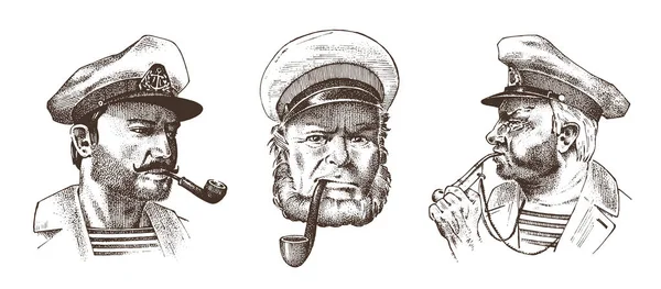 将近管。海上尉的画像, 海军老水手或 bluejacket, 口哨和水手与胡子或人海员。乘船或坐船旅行。刻在老复古素描画手. — 图库矢量图片