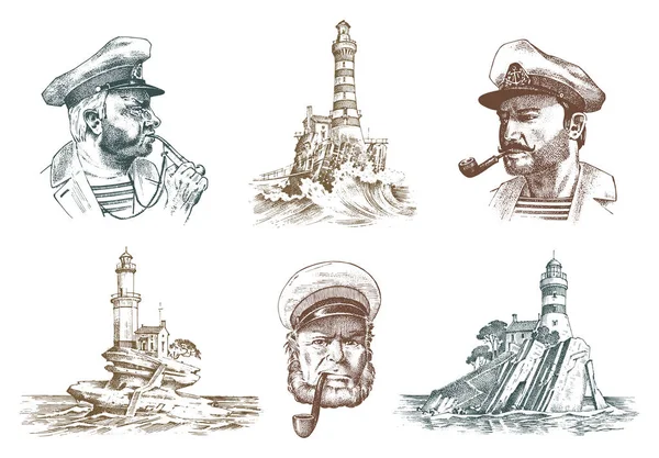 Portret van een zeekapitein. Marine oude matroos en vuurtoren. Bluejacket, whistle en zeeman met baard of mannen zeevarende. reizen per schip of boot. gegraveerde hand getekende vintage schets. Bootsman met pijp. — Stockvector