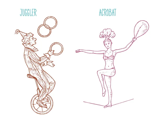 Der Clown auf dem Rad jongliert mit Kegeln oder Bällen auf weißem Hintergrund. Straßenschauspieler oder Artisten im Zirkus. Akrobat. gravierte handgezeichnete Skizze im viktorianischen Stil. — Stockvektor