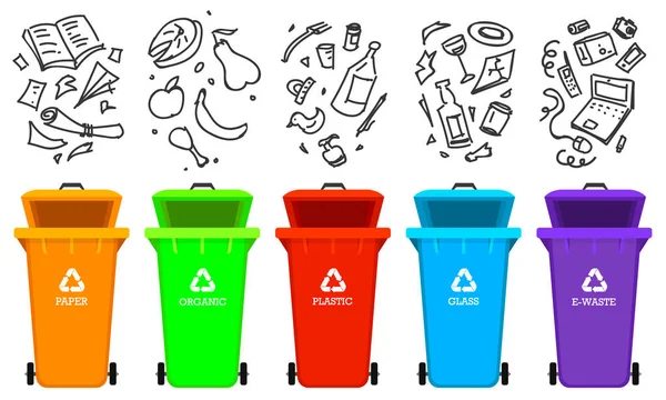 Reciclar elementos de basura. Bolsa o contenedores o latas para diferentes basuras. Clasificar y Utilizar el desperdicio de alimentos. Símbolo ecológico. Segregación Separación y concepto de gestión de la industria. basura de eliminación bin — Vector de stock