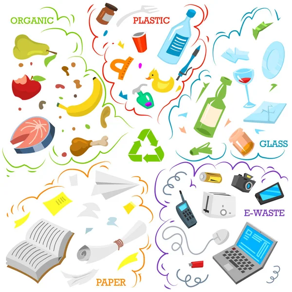 Recyclage des déchets. Tri et utilisation des déchets alimentaires, métal, papier, plastique, batterie, verre, organique. Symbole écologique. Séparation Séparation et concept de gestion de l'industrie. poubelle d'élimination . — Image vectorielle