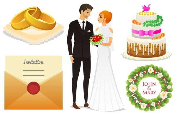 Novia y novio. Ceremonia de boda. Iconos de recién casados. ilustración vectorial. Pareja casada, verano. Torta y anillos rústicos vintage, ramo, flores y carta . — Vector de stock