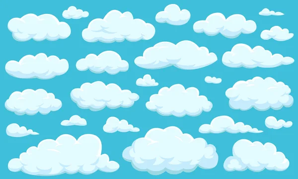 Zestaw chmur o różnych kształtach, w niebo dla swojej witryny sieci web app. design, Ui, meteorologia i atmosfera w przestrzeni. — Wektor stockowy