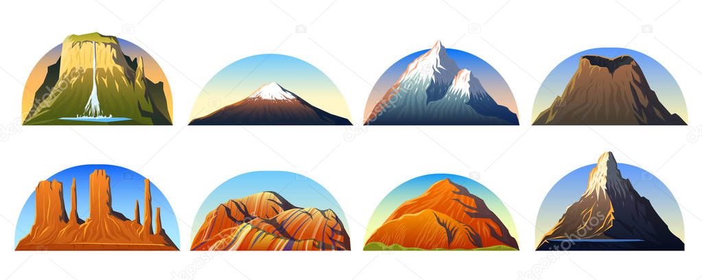 Mountains Peaks, landscape early in a daylight, big set. monument valley, matterhorn, roraima, fuji or vesuvius, devils tower, everest or rainbow. travel or camping, climbing. Outdoor hill tops