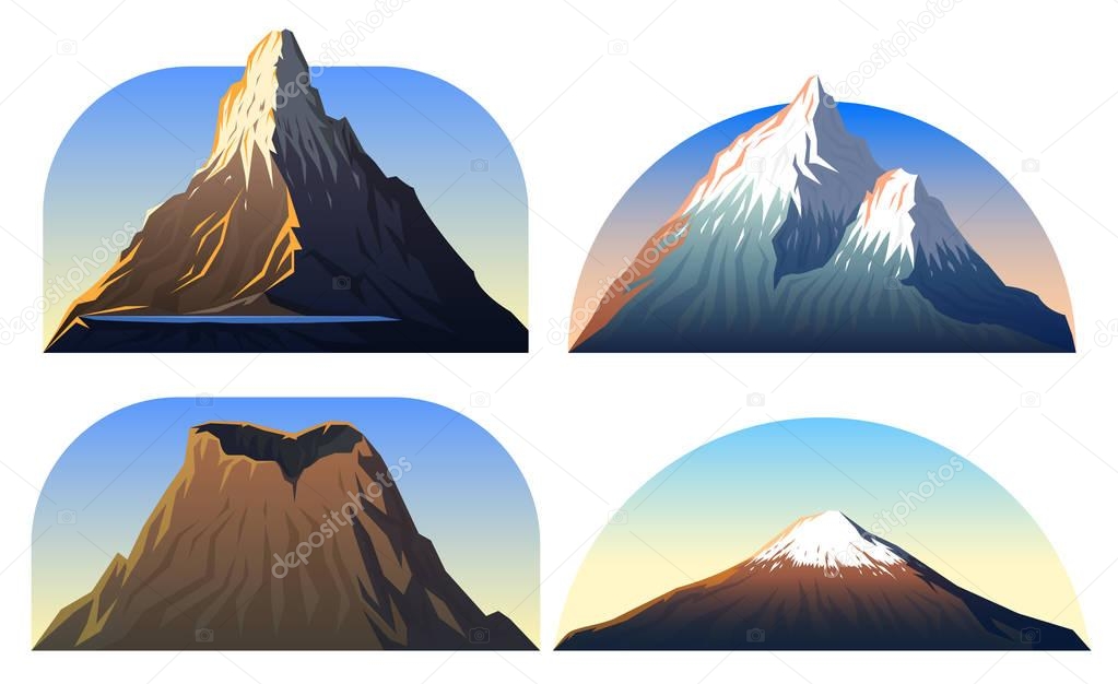 Mountains Peaks, landscape early in a daylight, big set. matterhorn, fuji or vesuvius, devils tower, everest. travel or camping, climbing. Outdoor hill tops
