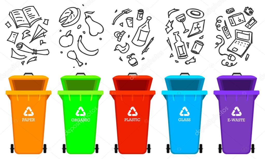 Recycling garbage elements. Bag or containers or cans for different