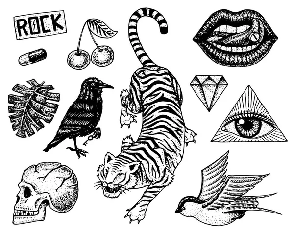 Set of Fashion patches. Tattoo artwork for Girls. Tiger and lips, skull and eye in the triangle. Engraved hand drawn in old vintage sketch. Vector surreal illustration, badges, print for t-shirt. — Stock Vector