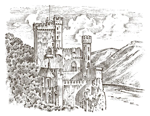 Castelo numa colina. Paisagem antiga para o rótulo. Gravado Esboço desenhado à mão em estilo vitoriano vintage. Viaje para a Europa para o edifício histórico. Conto de fadas Fortaleza ou palácio, mansão casa . — Vetor de Stock