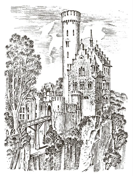 Burg auf einem Hügel. uralte Landschaft für das Etikett. eingravierte handgezeichnete Skizze im viktorianischen Stil. Reise nach Europa zu dem historischen Gebäude. Märchenhafte Festung oder Palast, Herrenhaus. — Stockvektor