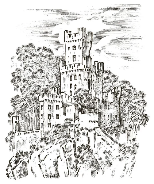 Castello su una collina. Ancient Landscape per l'etichetta. Schizzo disegnato a mano in stile vittoriano vintage. Viaggio in Europa per l'edificio storico. Fiaba Fortezza o palazzo, casa padronale . — Vettoriale Stock