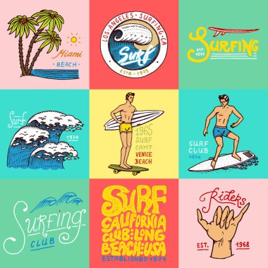 Sörf rozet ve dalga, palmiye ağacı ve okyanus. Tropik ve california. plaj ve deniz adam sörf, yaz. oyulmuş amblemi elle çizilmiş. Başlık sayfası veya poster. Spor Hawaii.