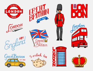 İngiliz, taç ve Kraliçe, demlik çay, otobüs ve Kraliyet Muhafızı, Londra ve baylar. semboller, rozetleri veya pul, amblemler veya mimari tarihi yerler, Amerika Birleşik Devletleri. Ülke İngiltere etiket.