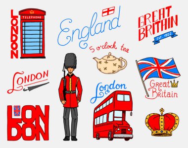 İngiliz, taç ve Kraliçe, demlik çay, otobüs ve Kraliyet Muhafızı, Londra ve baylar. semboller, rozetleri veya pul, amblemler veya mimari tarihi yerler, Amerika Birleşik Devletleri. Ülke İngiltere etiket.