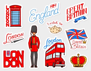 İngiliz vintage çıkartmalar, taç ve Kraliçe, demlik çay, otobüs ve Kraliyet Muhafızı, Londra. Rozetleri, pullar, amblemler. Birleşik Krallık. Ülke İngiltere etiket. 80s 90s çizgi roman tarzı. Oyma el çizilmiş kroki