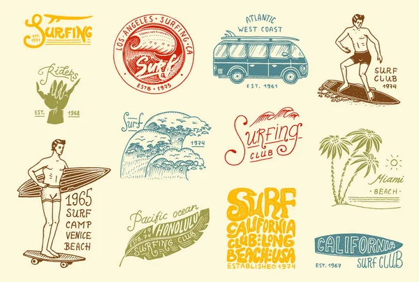 Sörf rozet ve dalga, palmiye ağacı ve okyanus. Tropik ve california. plaj ve deniz adam sörf, yaz. oyulmuş amblemi elle çizilmiş. Başlık sayfası veya poster. Spor Hawaii. — Stok Vektör
