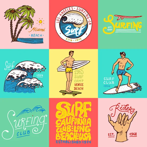 Surf badge en Golf, palmboom en Oceaan. tropen en Californië. man op de surfplank, zomer op het strand en de zee. gegraveerde embleem hand getrokken. Spandoek of poster. sport in Hawaï. — Stockvector