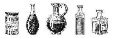 Şişe ve kavanoz çıkartmaları ve amblem ile ağaçların zeytinyağı. Organik vejetaryen ürün. Siyah meyve yemek yemek için. Oyulmuş elle çizilmiş eski vintage kroki. Vektör çizim.