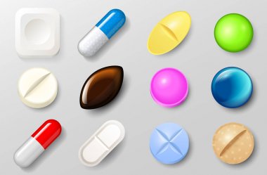 İlaç ve ağrı kesici kapsül kümesi. İyi bir sağlık ve Vakumlu Ambalaj içinde antibiyotik ilaçlar için vitamin tabletleri. Eczane ve beyaz arka plan üzerinde Tıbbi ilaç.