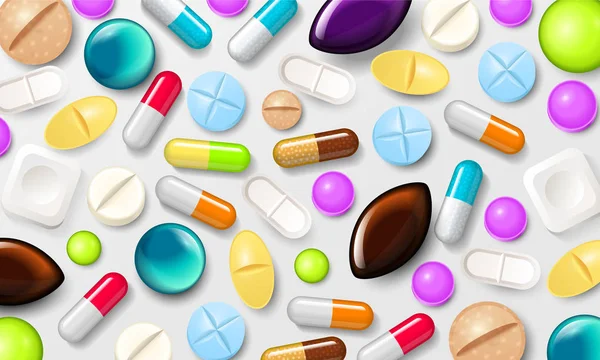 약 배경입니다. 건강 하 고 항생제 약품에 대 한 비타민 정제입니다. 웹 사이트에 대 한 포스터 배너입니다. 약국, 진통제 캡슐 및 의료 마약. — 스톡 벡터