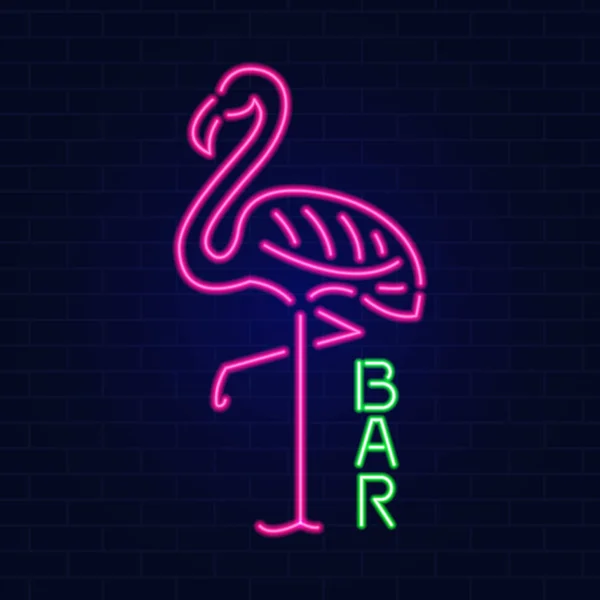 Leuchtende Leuchtreklame mit rosa Flamingo. Nachtclub oder Bar-Konzept. auf dunklem Hintergrund. editierbarer Vektor — Stockvektor