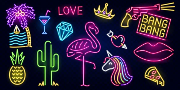 Set of fashion neon sign. Night bright signboard, Glowing light banner. Summer logo, emblem. Club or bar concept on dark background. Editable vector. Pink Flamingo cactus lips pizza cocktail pineapple — Stock Vector