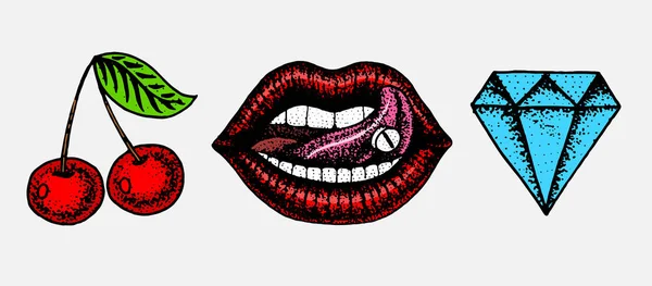 Cara detallada beso o labios, cereza y diamante. Arte de tatuaje de moda para niñas. Mano grabada dibujada en antiguo boceto vintage. Ilustración surrealista vectorial, insignias, impresión para camiseta . — Archivo Imágenes Vectoriales