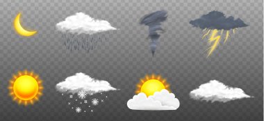 Modern Gerçekçi weather Icons set. Meteoroloji simgeleri şeffaf arka plan üzerinde. Vektör çizim hareket eden app, baskı veya web için renk. Fırtına ve yağmur, açık ve bulutlu, fırtına ve kar.